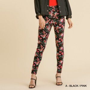 Brushed Cotton Floral Print Elastic Waistband Jeggings with Back Pockets